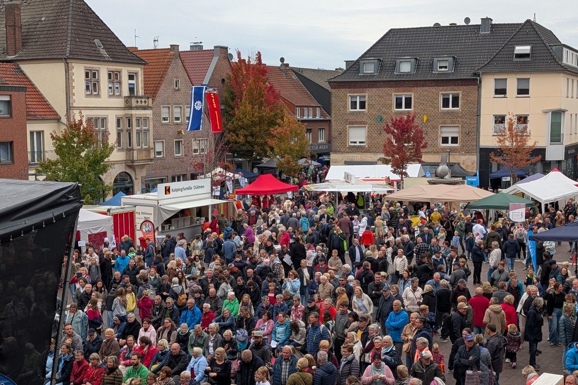 Das Bild zeigt den Marktplatz mit einer Bühne, Ständen und vielen Besucherinnen und Besuchern.