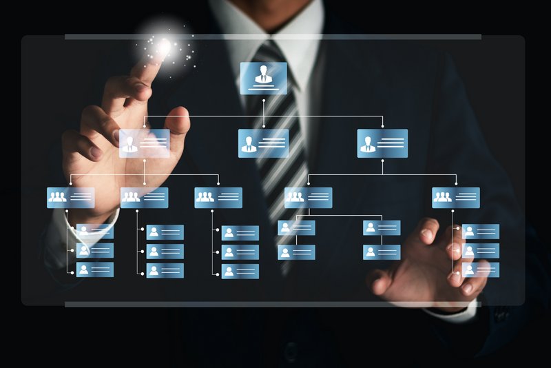 Businessman touching organization chart on virtual interface screen. Business process and workflow automation with flowchart. Hierarchical structure of teams and employees in the company.