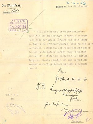 Schreiben von 1916 zur Versorgung der auswärts beschäftigten Arbeiter mit Lebensmittelmarken