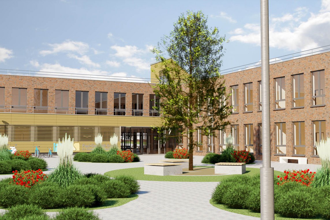 Diese Grafik zeigt einen Entwurf für den Neubau der Paul-Gerhardt-Grundschule 