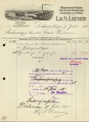 Rechnung der Firma Leeser aus dem Ersten Weltkrieg