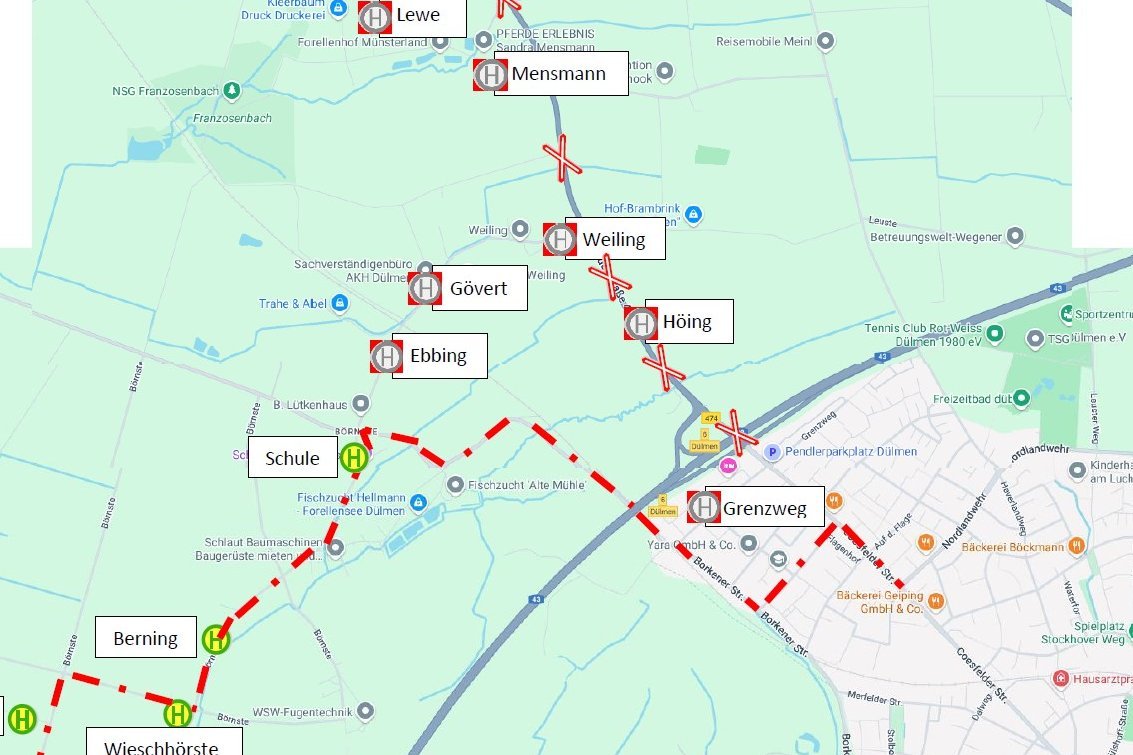 Diese Grafik zeigt die Haltestellen, die entfallen oder geändert werden. 