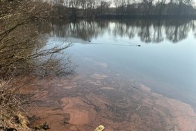 Dieses Foto zeigt eine Stelle des Bulderner See, die rötlich verfärbt ist. 