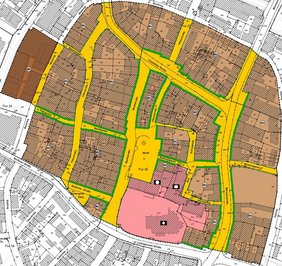 Innenstadtwohnen im Erdgeschoss Diese Grafik zeigt, in welchen Innenstadtstraßen das Wohnen im Erdgeschoss ausgeschlossen (grüne Markierungen) und wo es zugelassen werden soll.