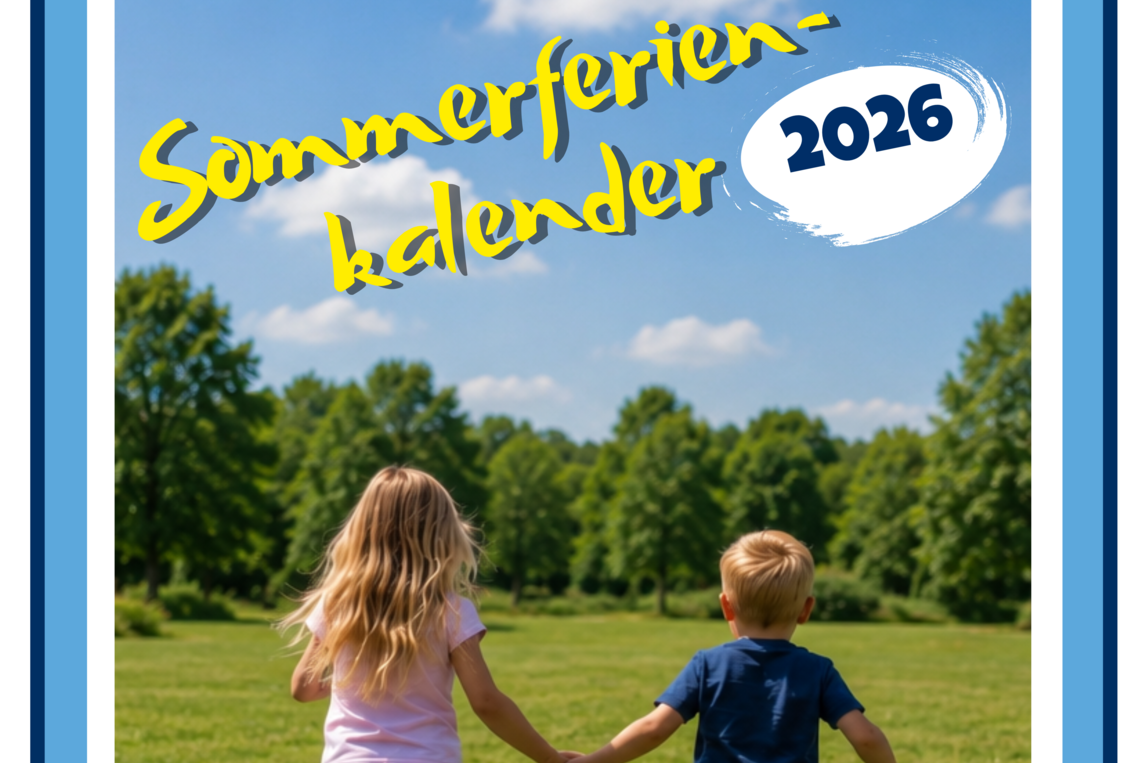 Die Titelseite des Kalenders zeigt zwei Kinder von hinten, die sich an den Händen halten udn über eine Wiese laufen. 