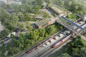 Dieses Grafik zeigt das Bahnhofsareal mit der Fußgänger- und Radfahrerbrücke. 