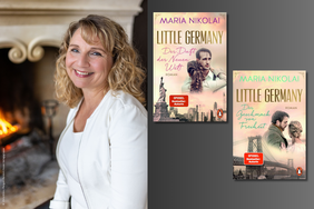 Foto der Autorin neben den Buchcovern von "Little Germany"