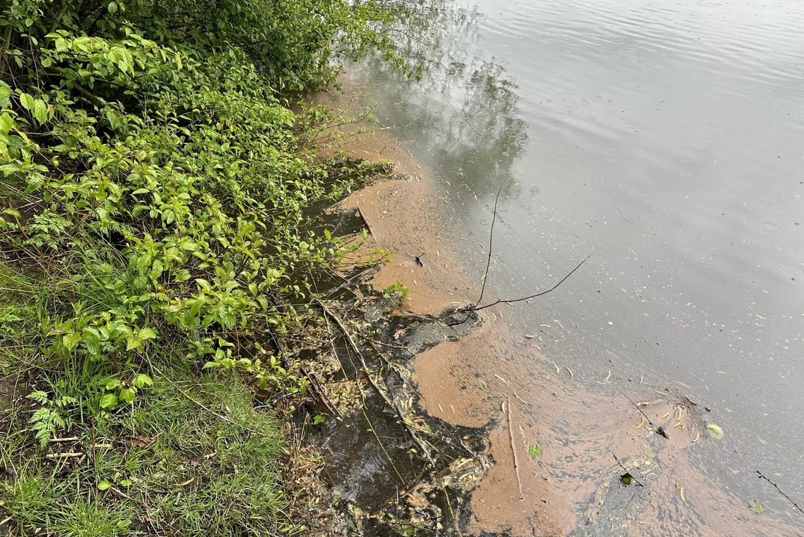 Teile des Sees sind durch die Alge noch immer rötlich eingefärbt.